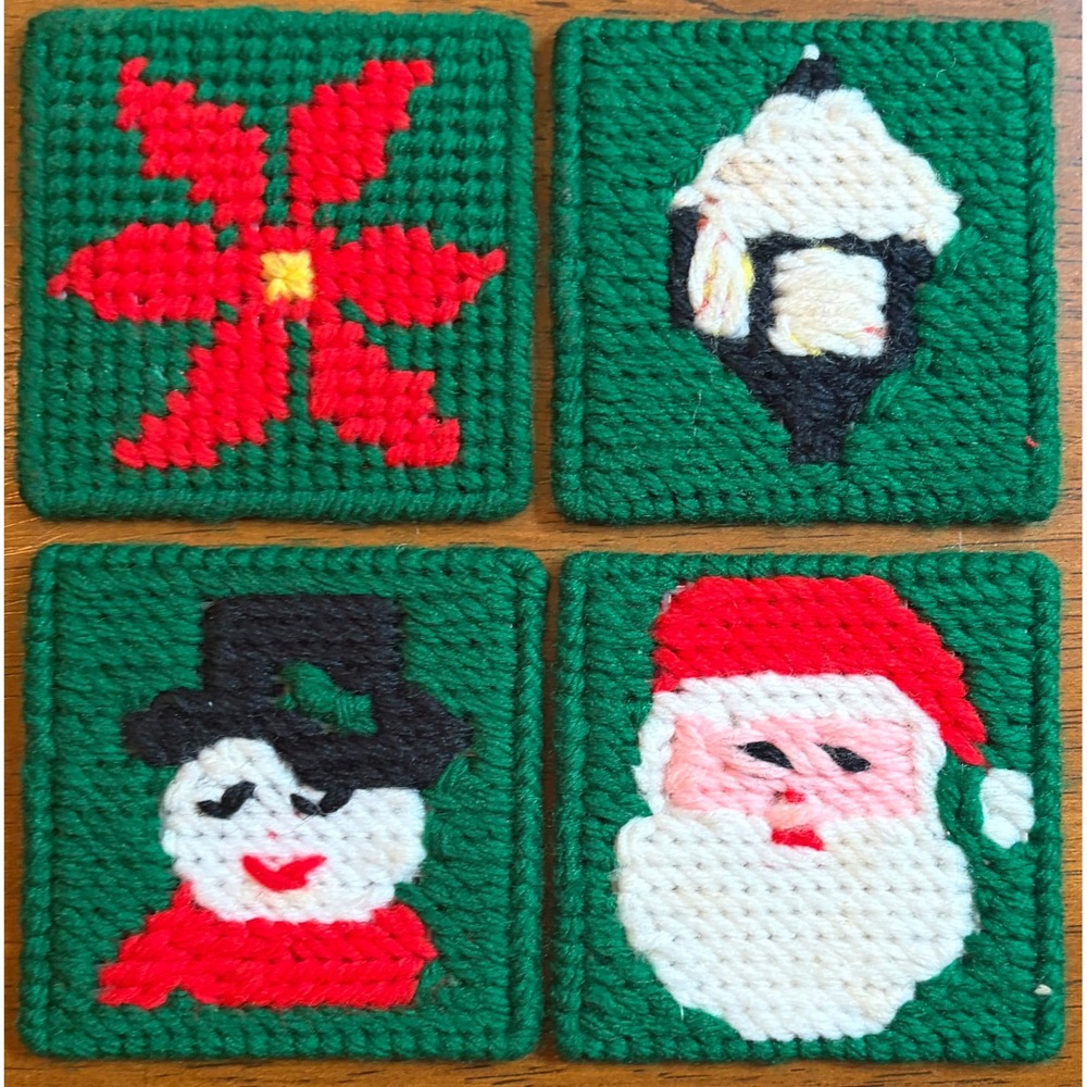 Vintage Handmade Needlepoint Christmas Coasters Set 4 Santa Snowman Poinsettia